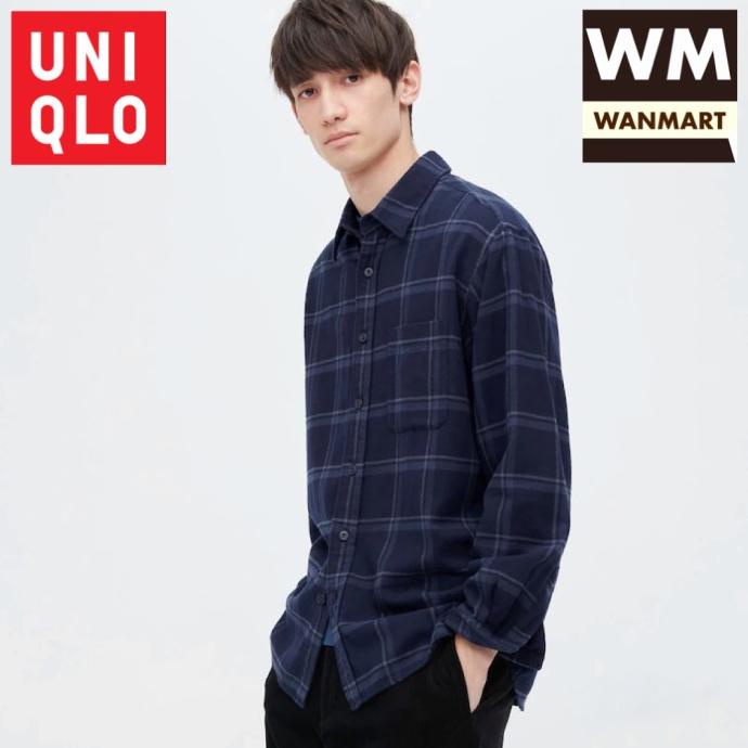 UNIQLO Men Shirt Kemeja Flannel Kotak Pria Lengan Panjang Navy Flanel