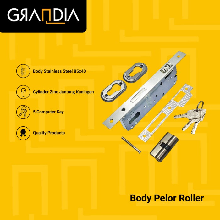 Body Pelor 3R Roller Pintu 2 Dua + Silinder 5 Anak Kunci 60mm Grandia