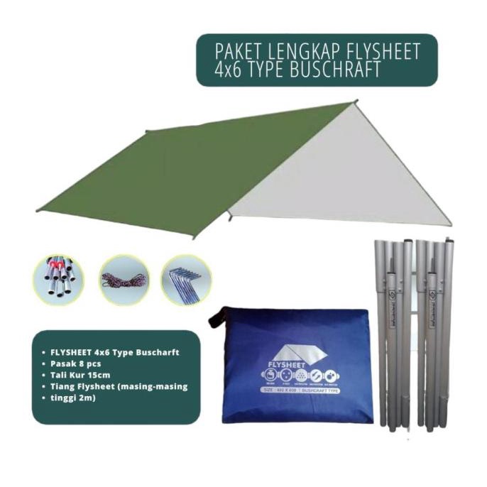 Paket flysheet 4x6 full set + pasak + tali + tiang flysheet bushcraft