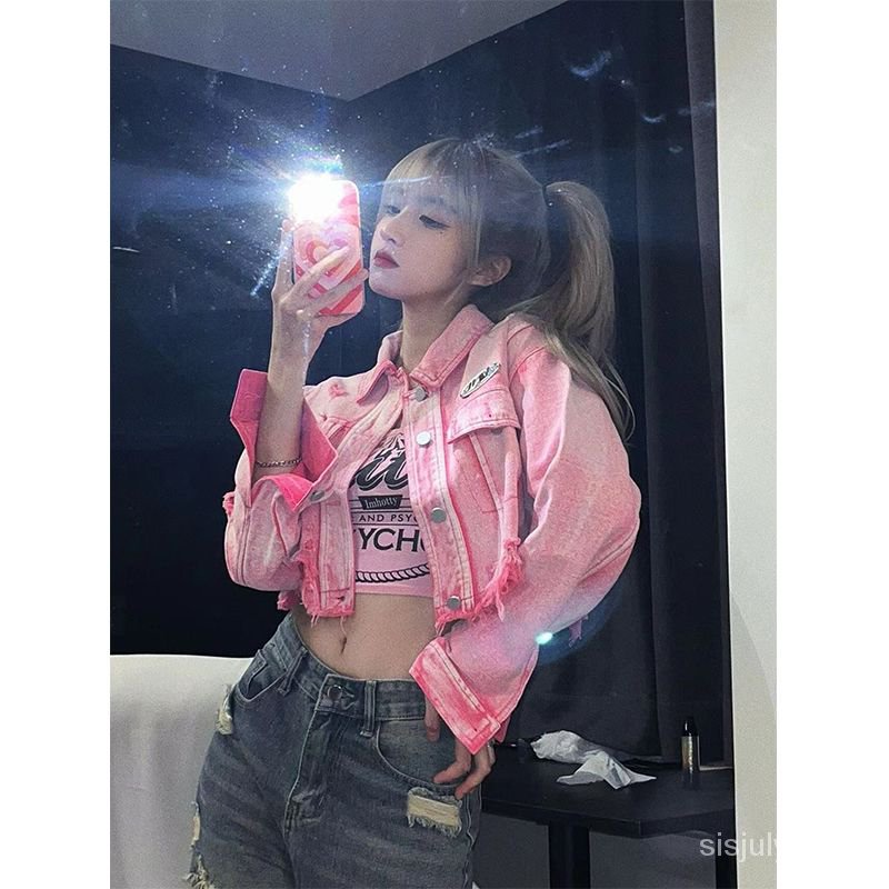 [✅BISA COD] #Sisjuly# Jaket wanita / jaket pendek denim lubang dicuci merah muda baru / jaket pendek