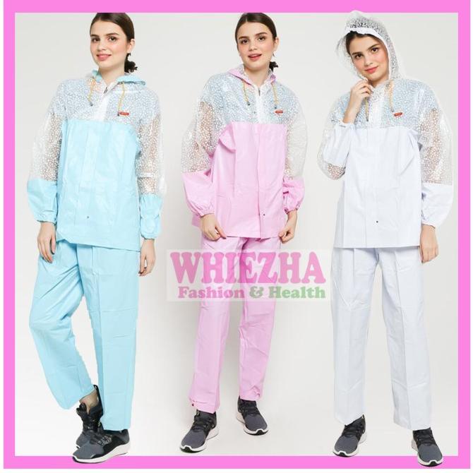 Jas Hujan Wanita Setelan Celana Simpel Cewek Plastik Motif Polkadot