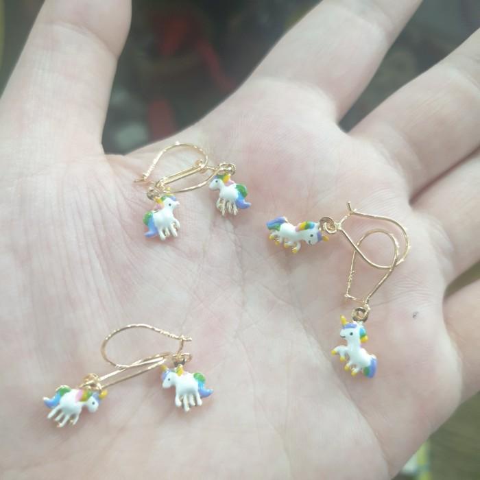 Hiasan Anting Anak Gantung Unicorn Kuda Putih Emas Asli Kuning 375 8K Lucu
