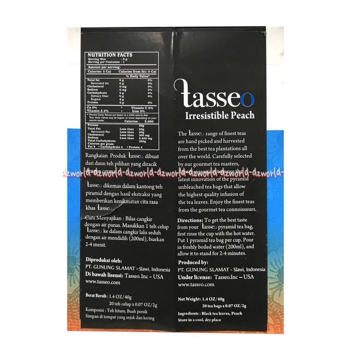 

Tasseo Irresible isi 20 Bag Tea teh pilihan dengan ekstrak buah persik