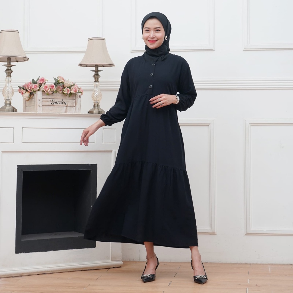 MIDI DRESS WANITA BAHAN RAYON BUSUI FRIENDLY | GAMIS MIDI KANCING DEPAN LENGAN 7/8