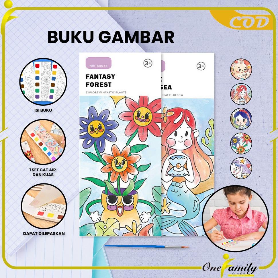 

ONE-A56 Buku Gambar Mewarnai Buku Lukis Cat Air Set Free Kuas / Buku Mewarnai Watercolor Book Coloring Edukasi Anak