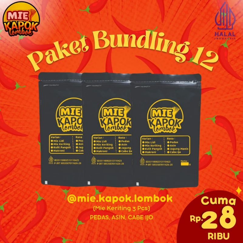 

PAKET BUNDLING 12 (Mie Keriting 3 Pcs) Pedas, Asin, dan Cabe Ijo