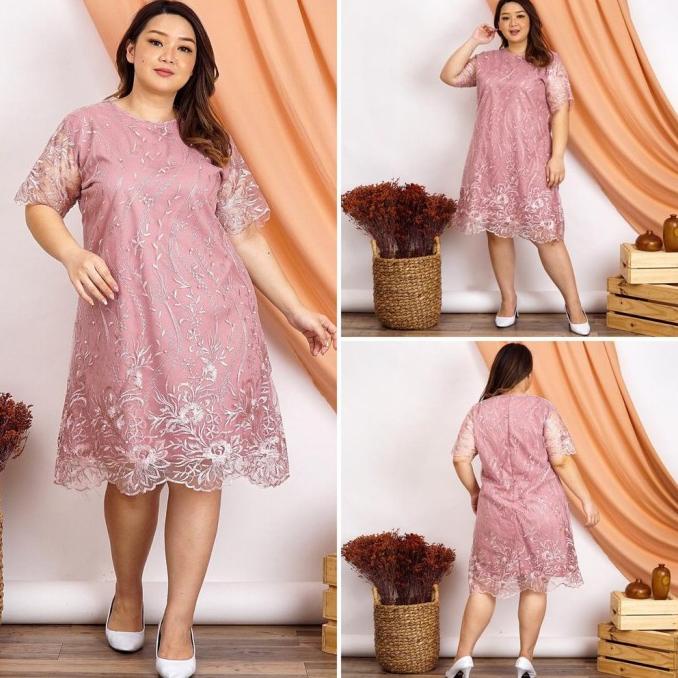 Dress Wanita Jumbo Besar XXL XXXL Brukat Brokat Baju Pesta Big Size