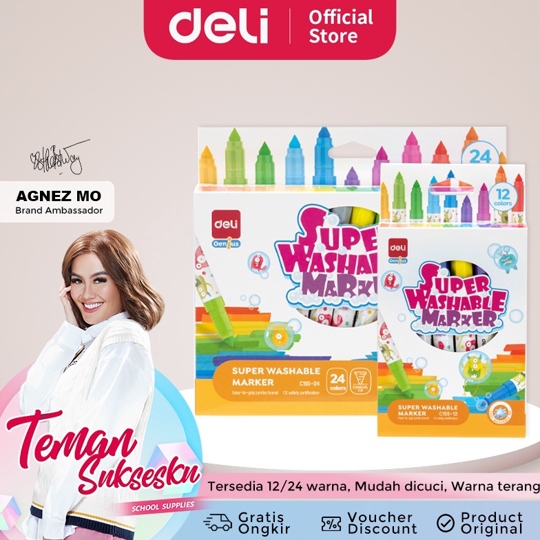 

BRK.16Jn23p" Deli Washable Marker / Spidol Warna Anak 12 24 Warna Mudah dicuci Tersertifikasi Aman EC155