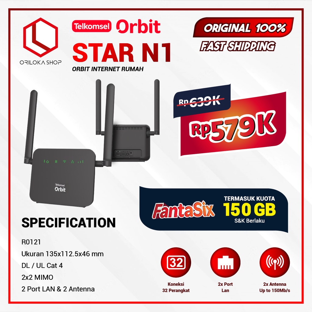 Telkomsel Orbit Star N1 Home Router Wifi Bonus Kuota 150 GB - Garansi Resmi