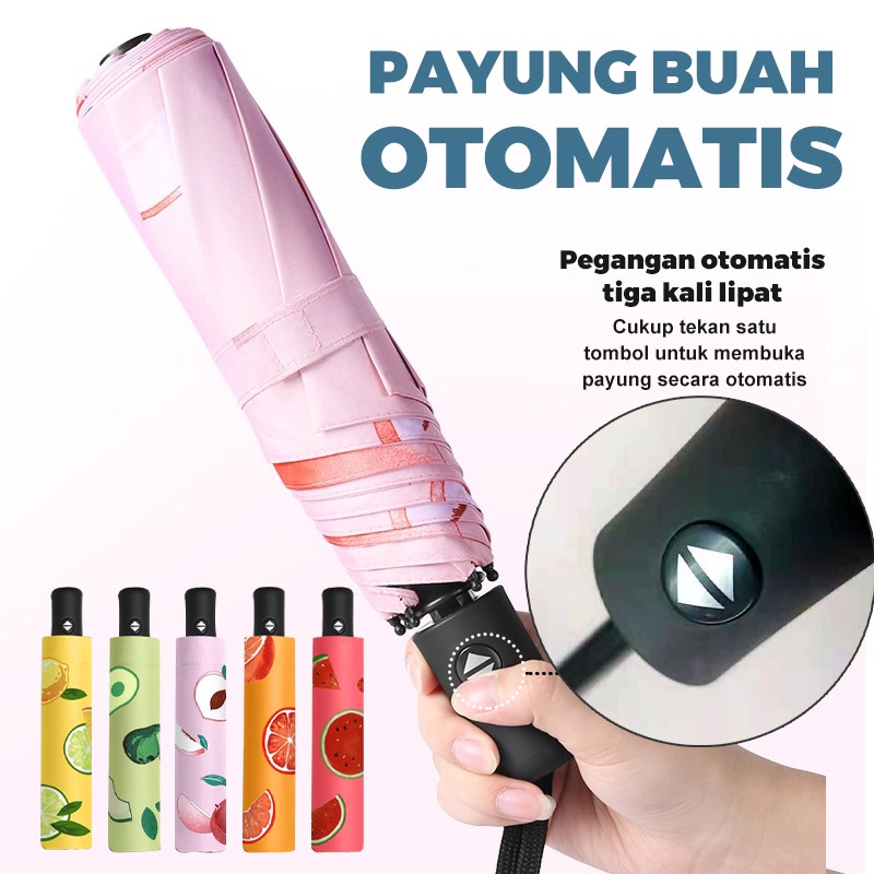 Holiven OTOMATIS Payung Lipat Buah Pastel Buka Tutup Lapisan UV Protection