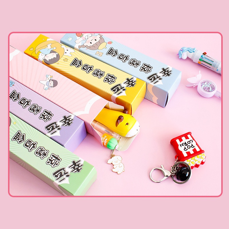 Holiven Set Pen Alat Tulis Kartun Lucu dengan Gantungan Kunci Warna Warni Kado Hadiah