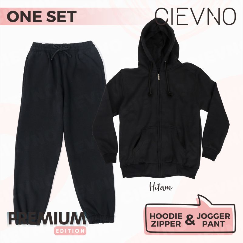 ONE SET HOODIE ZIPPER + CELANA JOGGER PREMIUM HITAM (PRIA&amp;WANITA)