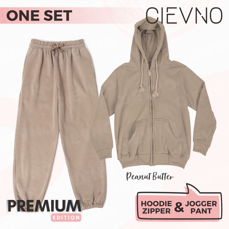 ONE SET HOODIE ZIPPER + CELANA JOGGER PREMIUM PEANUT BUTTER (PRIA&amp;WANITA)