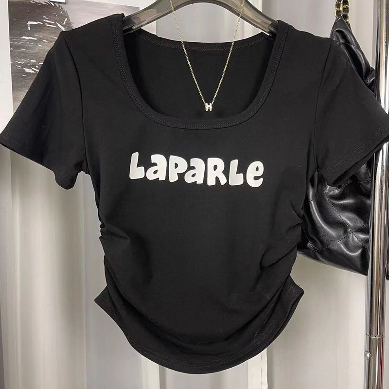 Red Katun Murni Amerika Gadis Panas U-Leher Tiga Dimensi Cetak Huruf Keinginan Murni T-shirt Wanita Musim Panas Lipatan Slim Pinggang Tinggi pendek Top Pasang