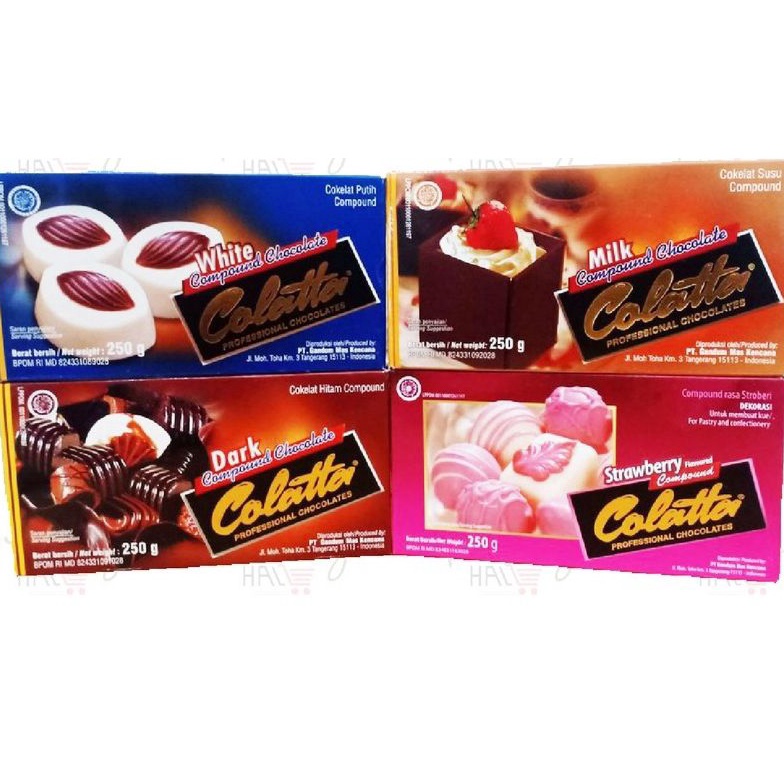 

Diskon promo Coklat cokelat masak dark white milk strawberry compound chocolate colatta 250 gram YZN