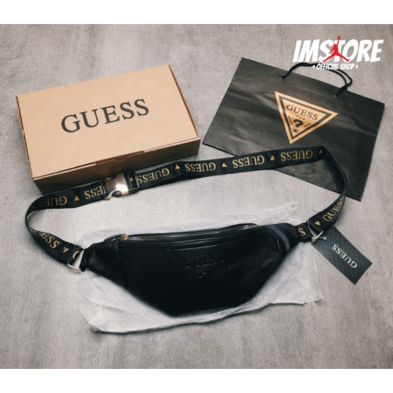 BNA.16Jn23ᴹ • Waist bag GUESS Balck Gold Full set/ Waistbag pria Guess leather Gold Tas pinggang pri
