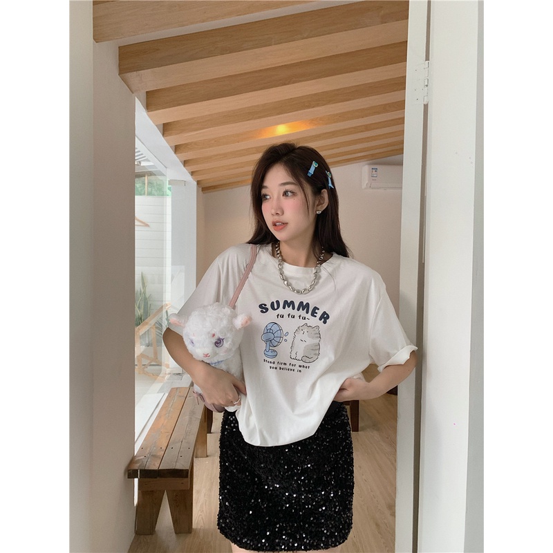 Red Hong Kong style American letter printing lengan pendek t-shirt wanita musim panas leher bulat baru slim casual style white loose top