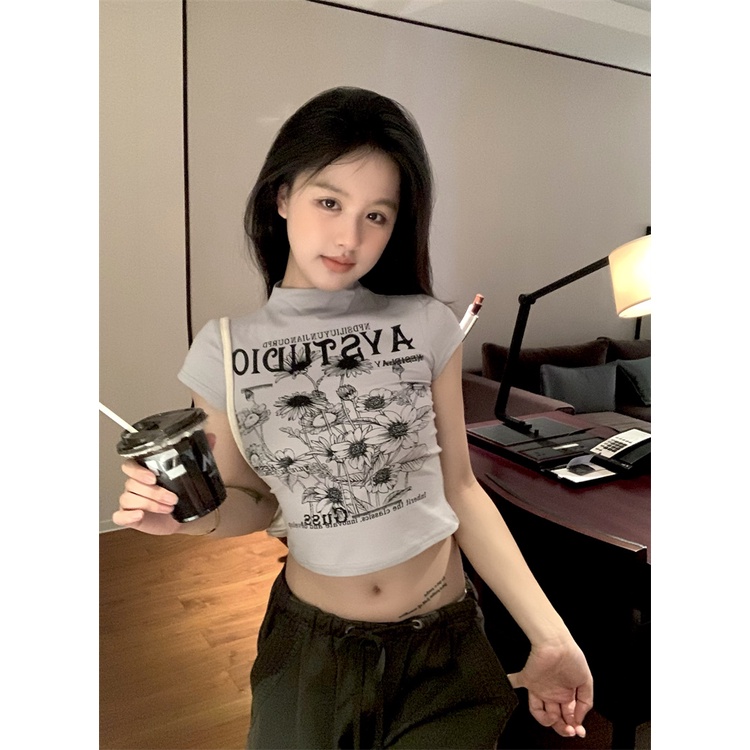 Red Amerika Cetak Huruf Lengan Pendek Setengah Tinggi Kerah Top Wanita Musim Panas Gadis Pendek Slim Seksi Putih Pusar t-shirt