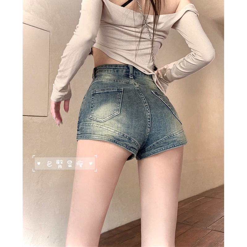 Red Retro Tertekan Jeans Wanita Musim Panas Tinggi Pinggang Celana Pendek American Hot Gadis Seksi Celana Kurus Slim Fit Tas Hip Celana