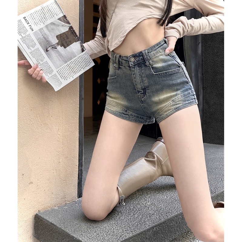 Red Retro Tertekan Jeans Wanita Musim Panas Tinggi Pinggang Celana Pendek American Hot Gadis Seksi Celana Kurus Slim Fit Tas Hip Celana