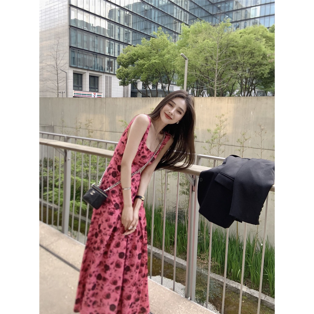 Red Hong Kong style Korean style floral square collar backless dress women s summer new slim fit niche high waist thin long skirt tide