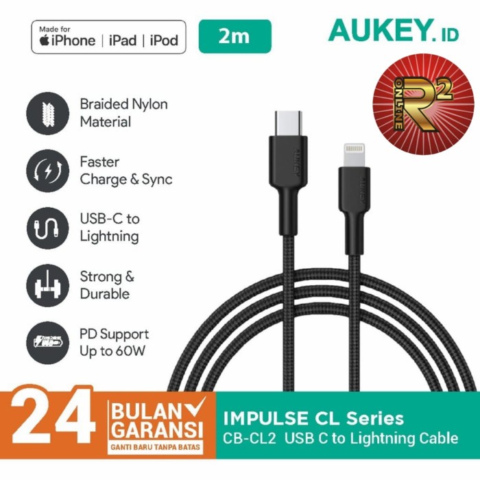 Aukey CB-CL2 Braided Nylon Kabel Charger Iphone USB-C To MFi Original