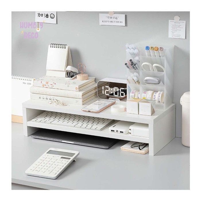 

Aurealiamall Korean Aesthetic 2 Tier Stack White Study Table Wood Desk Organizer