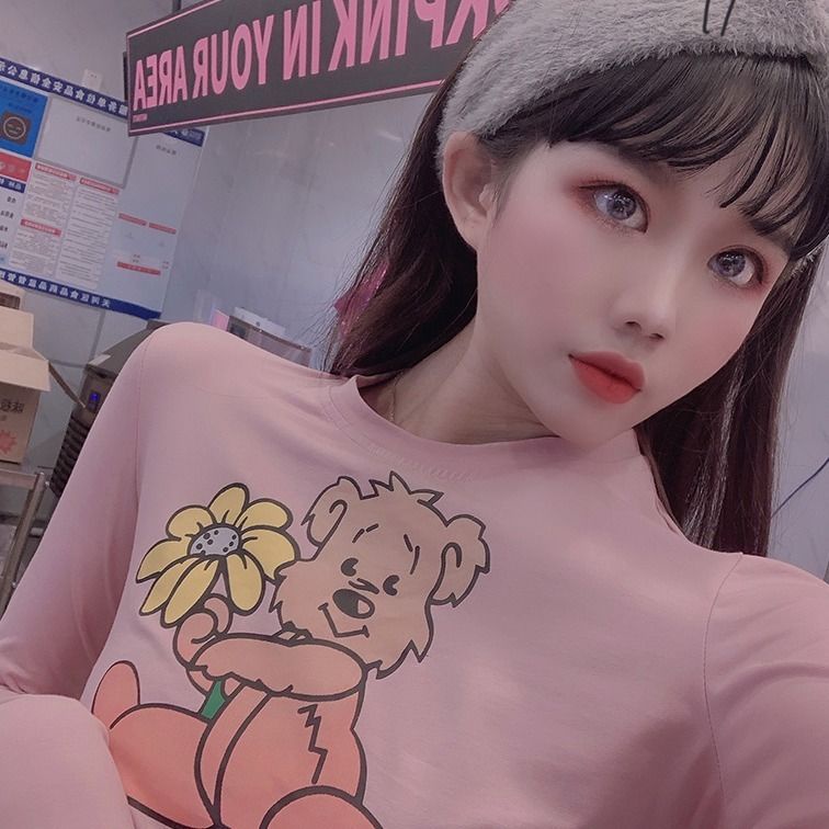 Red Merah Muda Kecil Segar dan Lucu Pakaian Siswa Perempuan Tinggi Pinggang Pusar Terkena Pendek Lengan Panjang T-shirt Musim Semi dan Musim Gugur Dicetak atasan Ketat