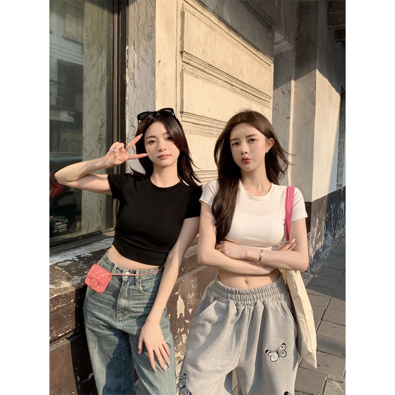 Red Atasan katun lengan pendek t-shirt wanita desain pendek slim-fit dengan pinggang pusar pinggang manis all-match trendi kemeja bottoming