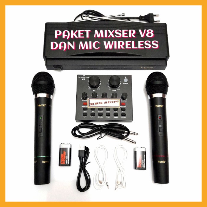 TERMURAH alat karoke soundcard v8 dan mic wireless homic 306 2 mic free batrai