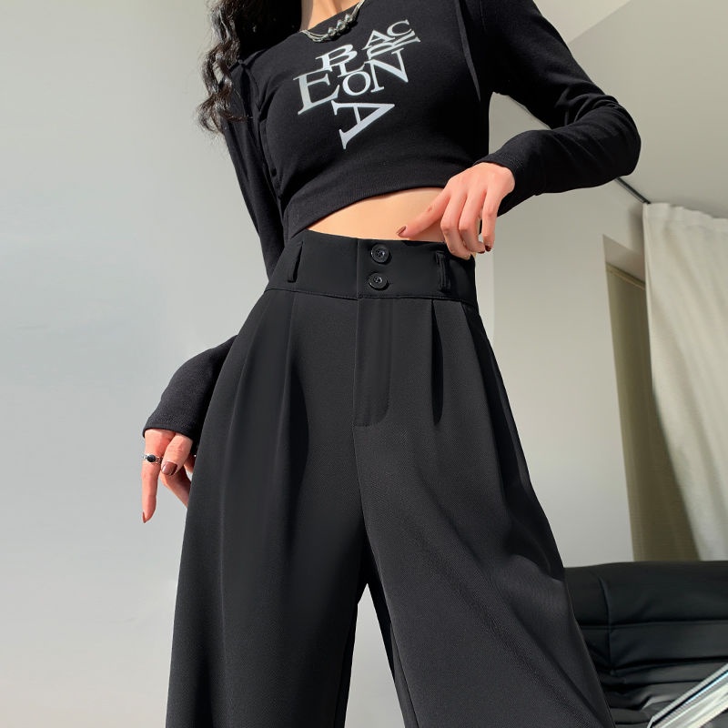 Red Hitam sempit lebar kaki celana wanita 2023 musim semi baru berpinggang tinggi tipis dan mengepel lantai longgar lurus celana kasual