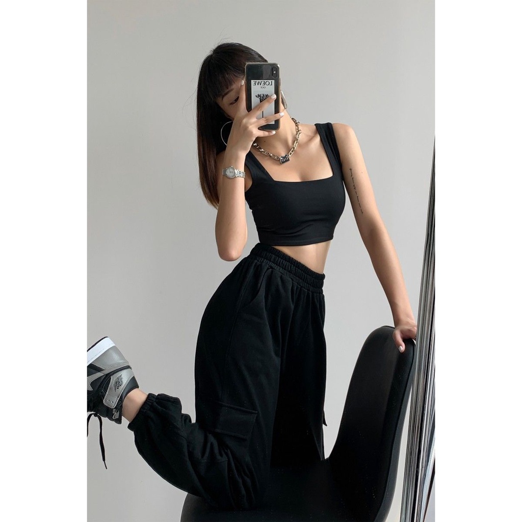 Red Eropa dan Amerika ins street square kerah terbuka tulang selangka sling pakaian luar rompi kecil wanita warna solid tali bahu lebar bottoming atasan olahraga