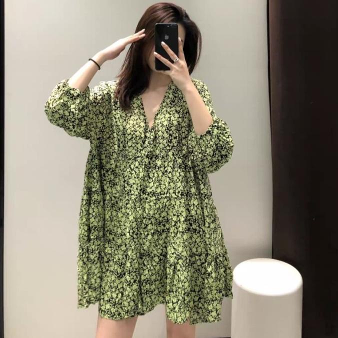 7091 NERLO Loose Mini Dress Import/Beach Dress Wanita V Neck Longgar