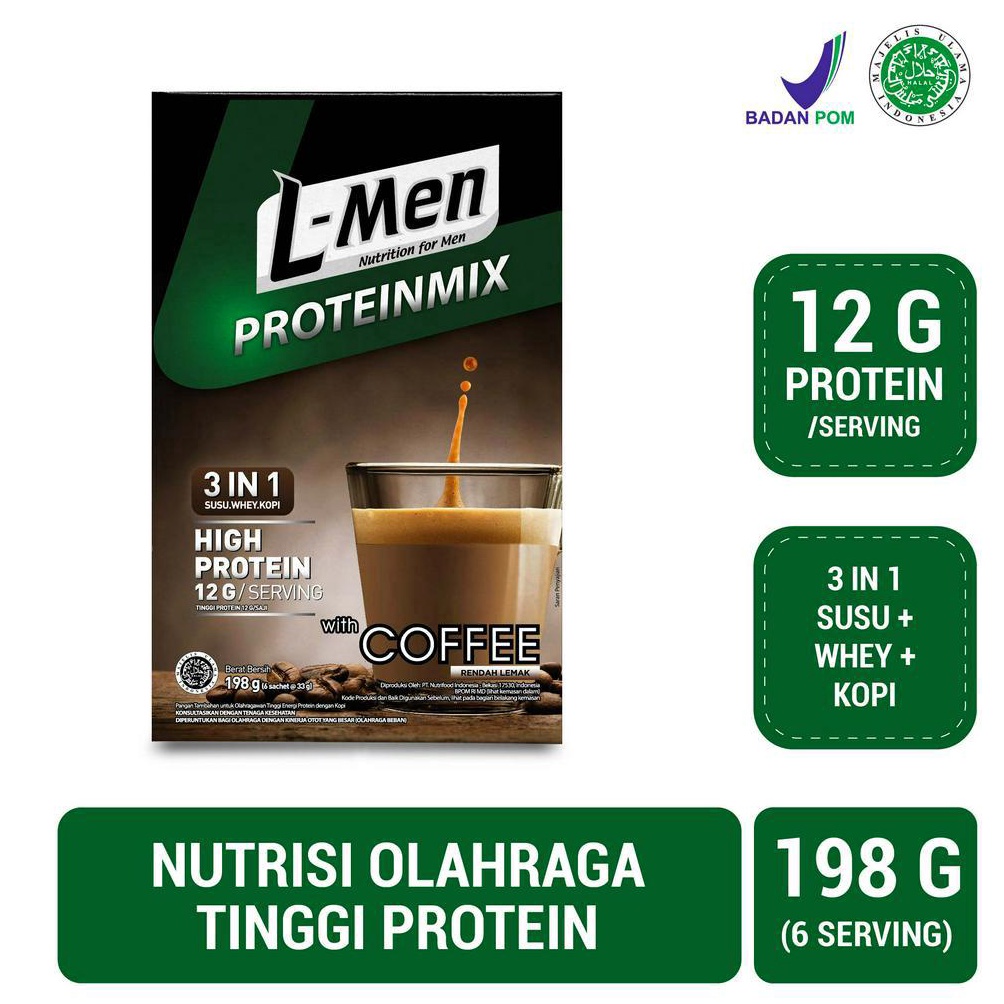 

Sale.. L-Men Proteinmix Coffee 6 sachet (12g protein) - Suplemen 3 in 1 Tinggi Protein Rendah Lemak FSC