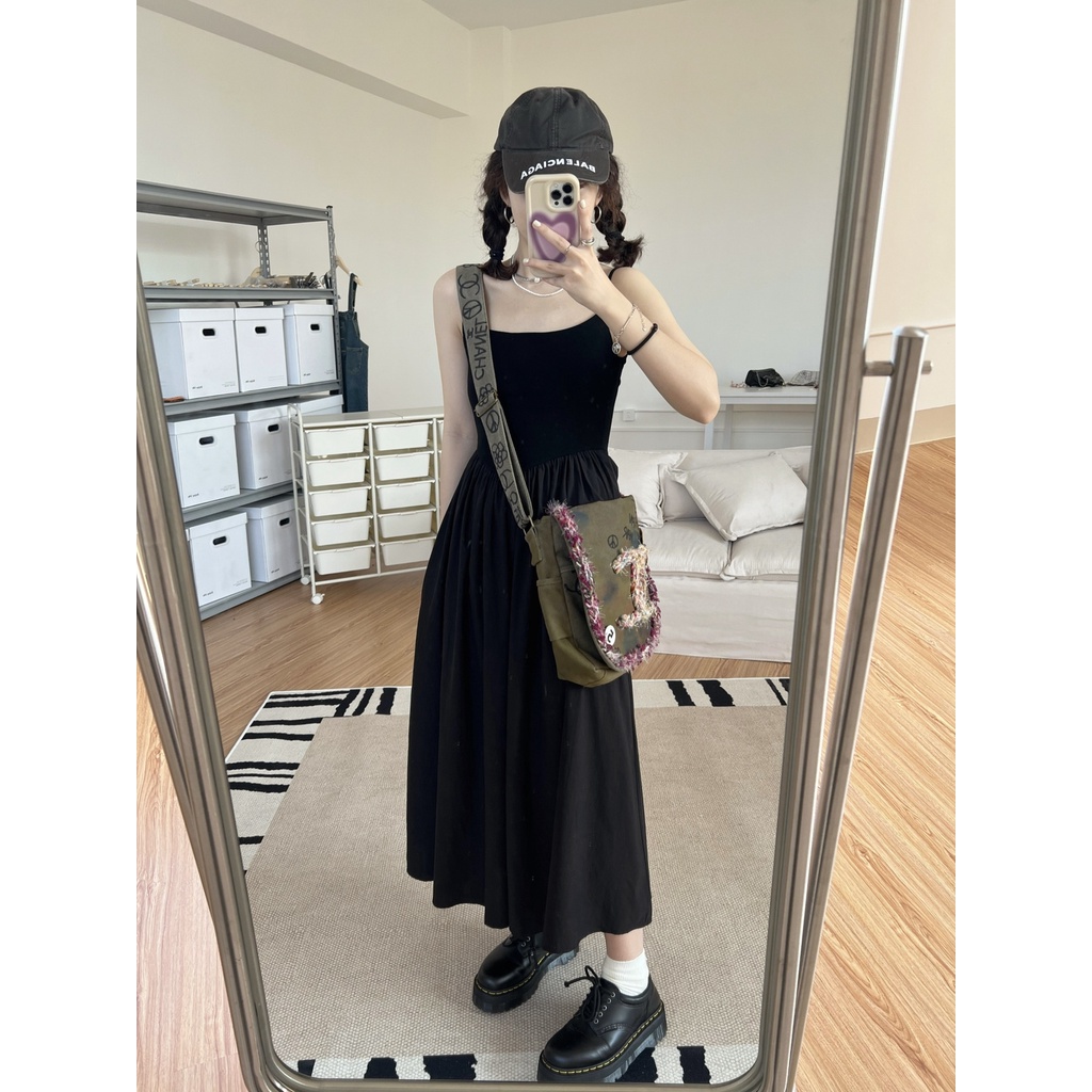 Red ourbase suspender dua warna malas gaun panjang bagian tipis dan ceruk temperamen all-match gaun lembut musim panas wanita gaya baru