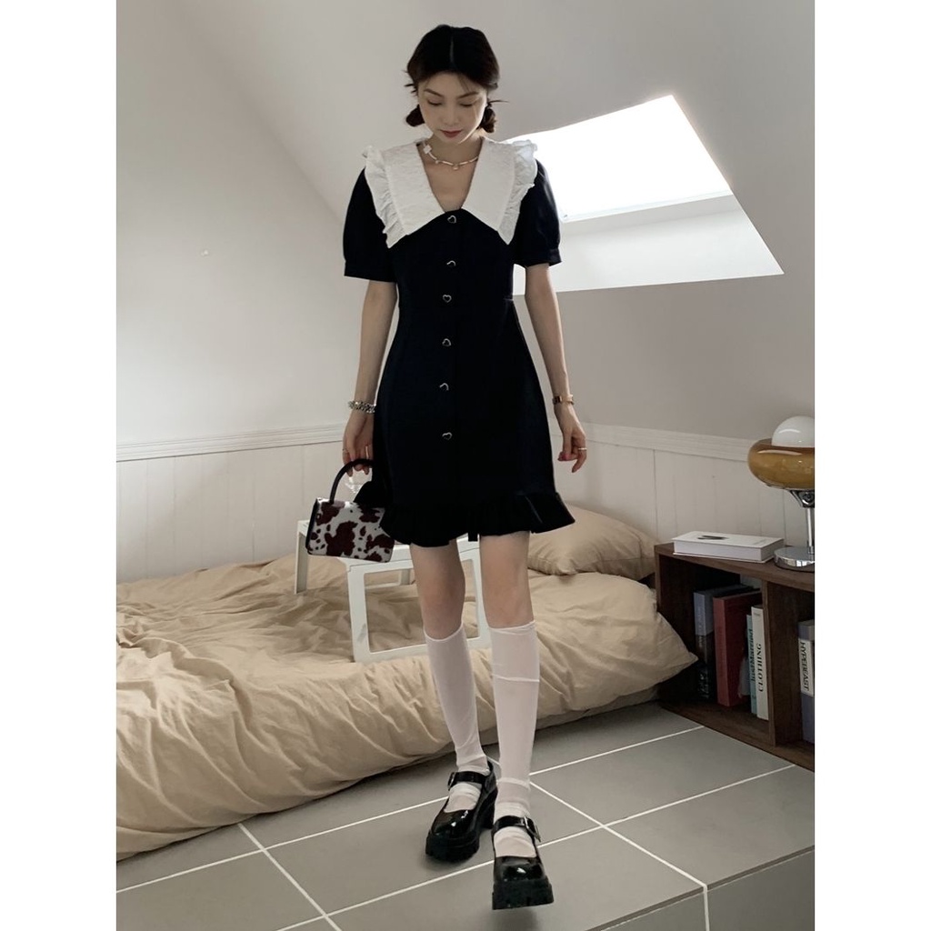 Red Hepburn style black design sense French puff sleeve doll collar short sleeve waist dress female