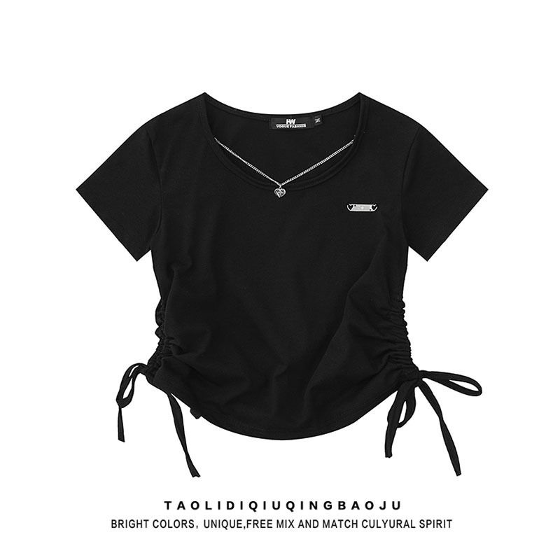 Red Katun Putih Murni Keinginan Tali Serut Lengan Pendek T-shirt Wanita Slim Gadis Panas All-Match Depan Bahu Pendek atasan Musim Panas Slim