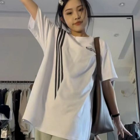 Red 100% Katun Gaya Korea Kasual Splicing Lengan Pendek T-shirt Wanita Gaya Harajuku High Street Longgar Pria Kecil All-Match Top tren