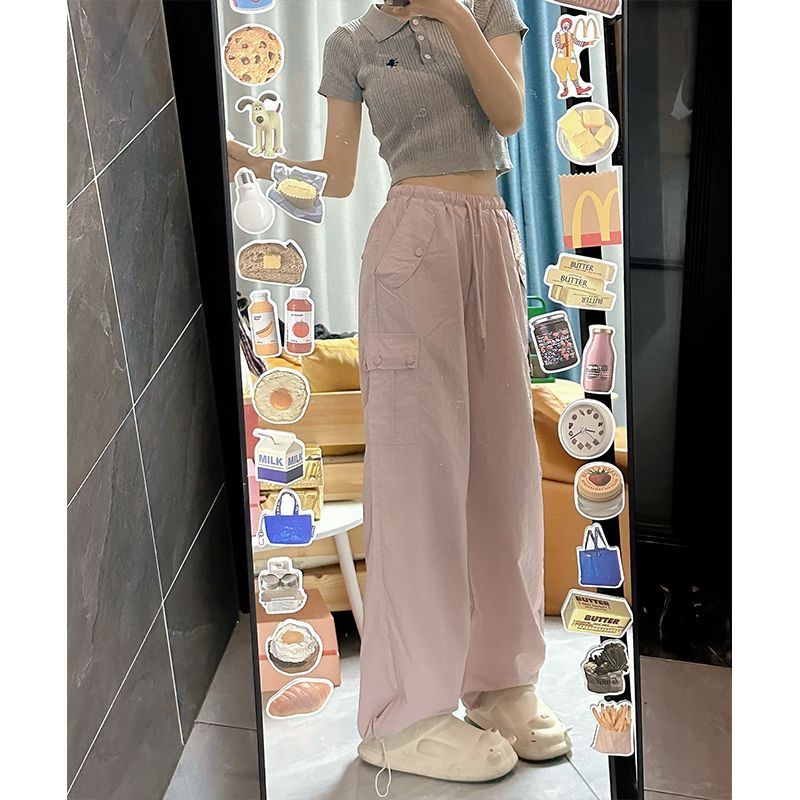 Red Pink overall wanita musim panas bagian tipis pinggang tinggi lebar kaki celana longgar kasual slim fashion hot gadis celana olahraga Amerika