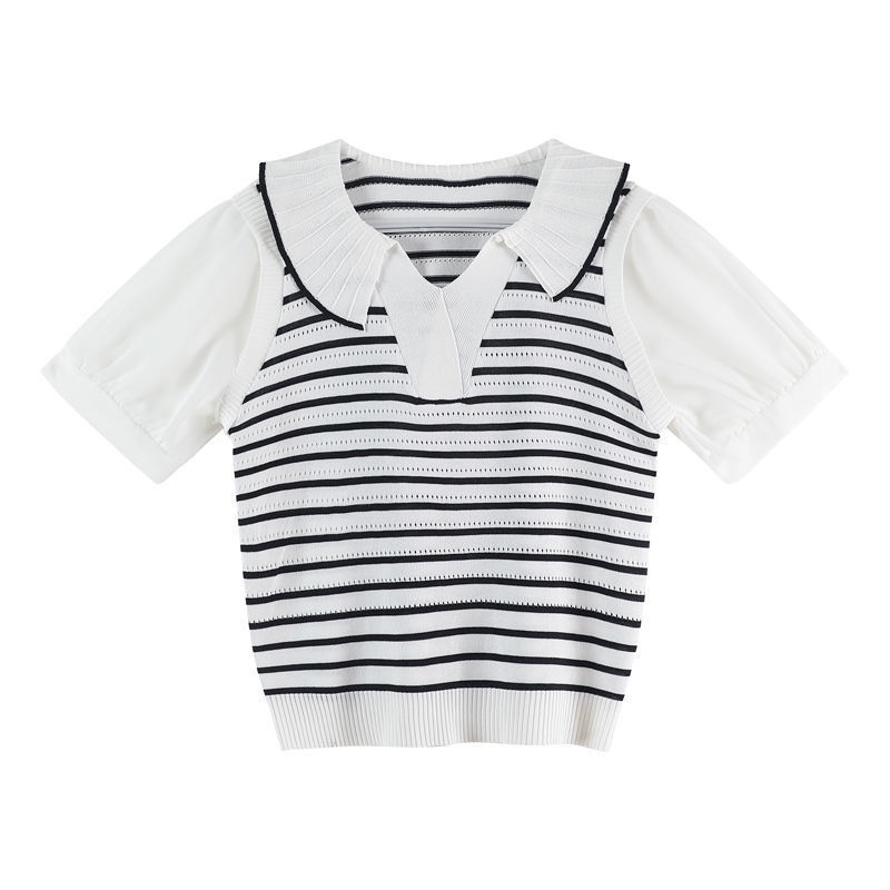 Red 2022 musim panas bergaris palsu dua potong lengan pendek kerah polo t-shirt unik kecil top pendek kartu gaya asing pinggang kemeja kecil untuk wanita.