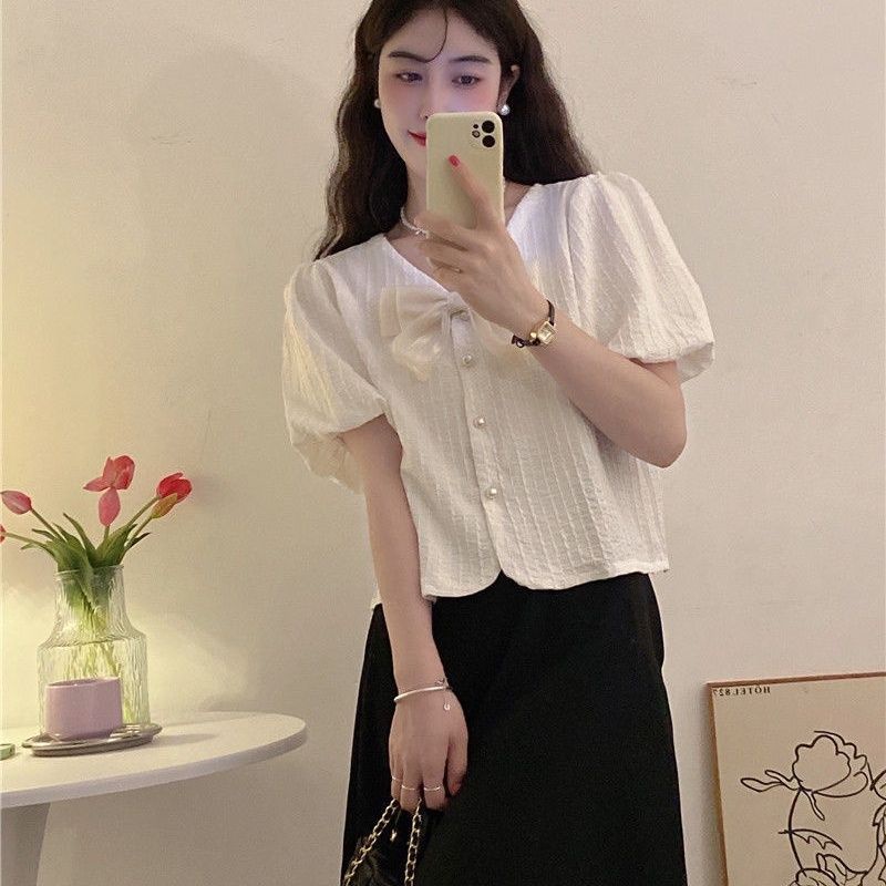Red Ikatan simpul kemeja perempuan rasa desain ceruk musim panas gaya Korea baru lembut dan manis engah lengan pendek sifon top