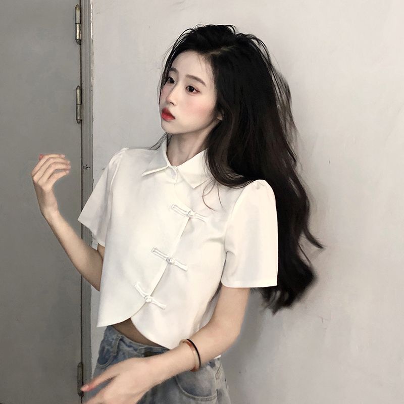 Red Gaya Cina Gesper Lengan Pendek Kemeja Wanita Musim Semi 2022 Baru Pendek Rasa Desain Niche High-End Longgar top