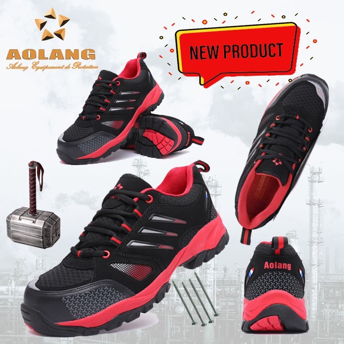 Sepatu safety import red aolang strip red sneaker safety ujung besi