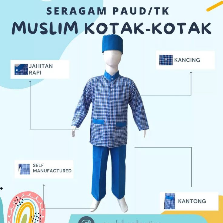 ️✔️✔️ SERAGAM TK/PAUD MUSLIM KOTAK-KOTAK BAJU TK/PAUD MUSLIM KOTAK-KOTAK BIRU 
