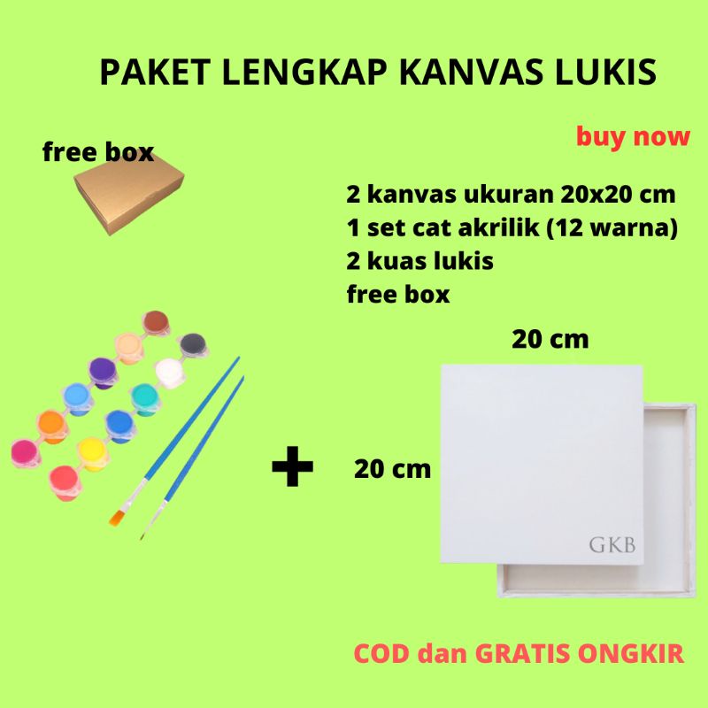 

Paket lengkap kanvas lukis hemat murah berkualitas painting kit dan hand painting ukuran 20x 20 cm, cat air, kuas