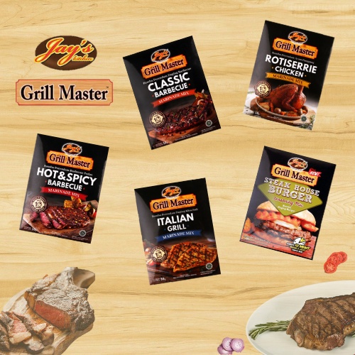 

JAY'S GRILL MASTER MARINADE SAUCE BBQ ITALIAN ROTISSERIE STEAK HOT&SPICY 25GR JAYS JAY MIXED