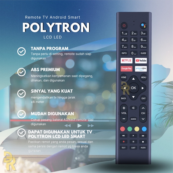 Remot Remote TV Polytron Android Smart TV LCD LED MOLA Prime Video 81J112, 81J194, 81J273, 81J960