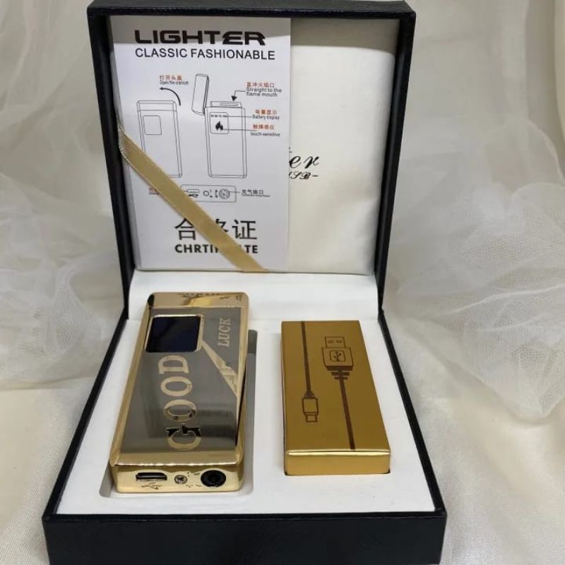 KOREK API LIGHTER ELEKTRIK DESAIN GOOD LUCK SET + BOX + CHARGER