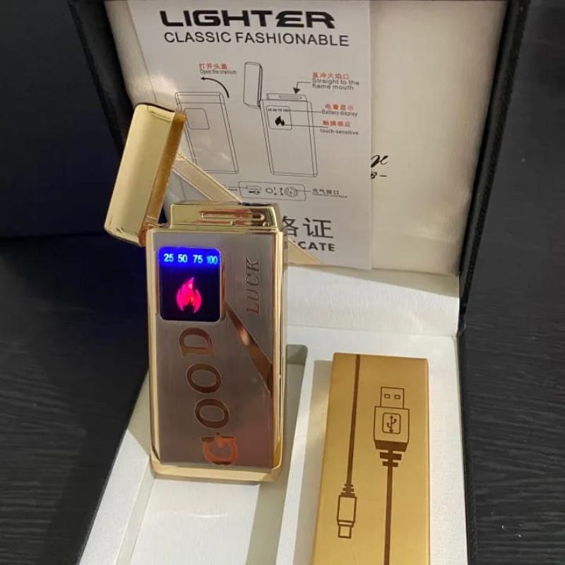 KOREK API LIGHTER ELEKTRIK DESAIN GOOD LUCK SET + BOX + CHARGER