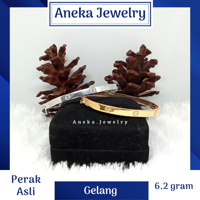 Gelang Pipa Bangkok ukir, Sepuh Emas Putih/Rosegold, Perak 925